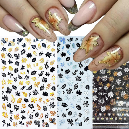 8 Sheets Gold Maple Leaf Nail Stickers - 3D Fall Nail Art Supplies, Holographic Autumn Design Foils
