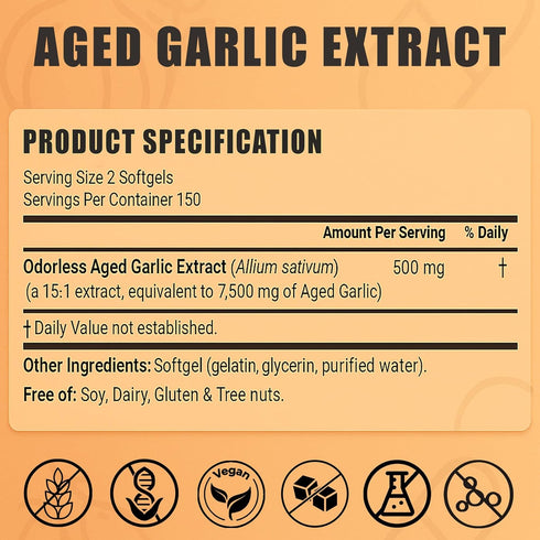 SUBMETIC 7500mg Immune 300 Elare Aged Garlic Extract, Organic Garlic Capsules Supplement for Supports & Heart Health