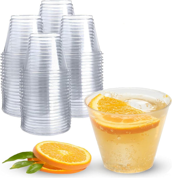 Prestee 50-Pack Clear Plastic Party Cups, 9 oz for Cold Beverages, Durable Disposable PET Cups