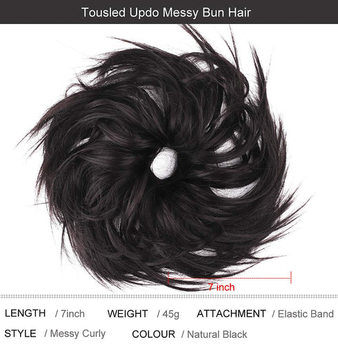 Tousled Updo Messy Bun Hair Piece Scrunchies, Synthetic Wavy Ponytail Extension for Women (Natural Black) -2#