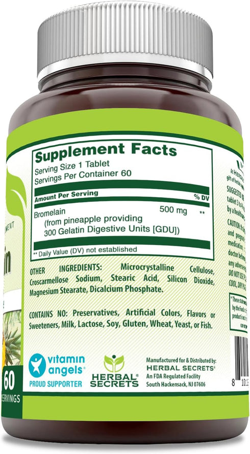 Herbal Secrets Bromelain Supplement 500 Mg Tablets Supplement | Non-GMO | Gluten Free | Made in USA (60 Count)