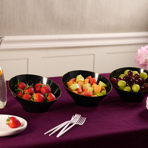 PLASTICPRO Angled Plastic Bowls Disposable Medium Plastic Black Serving Bowls with Gold Rim for Party for Appetizer Salads Pack of 4 by PLASTICPRO