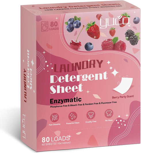 YUCO Laundry Detergent Sheets, Berry Scent, 80 Loads (40 Sheets), Eco-Friendly