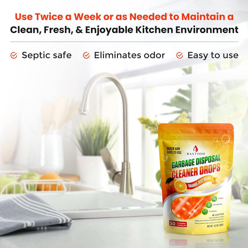 Garbage Disposal Cleaner and Deodorizer Drops, 50-Count, Orange Zest Scented Kitchen Sink Freshener Pods