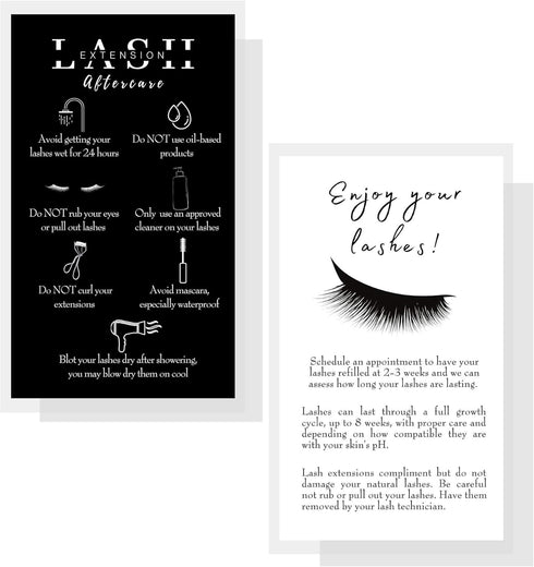 Lash Extension Aftercare Instructions Cards, 50 Pack, Double Sided Size 3.5 x 2" After Care for 2-3 Week Fillers.