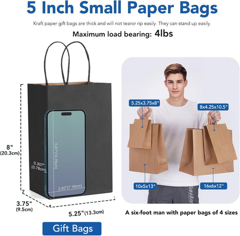 GSSUSA Kraft Paper Gift Bags 5.25x3.75x8'' 20 Pcs, Black Paper Bags with Handles for Shopping, Craft, Party