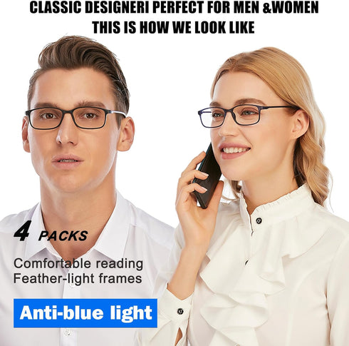 AQWANO Reading Glasses, 4 Pack Blue Light Blocking for Men Women, Lightweight TR90 Flexible Frame, 3.0