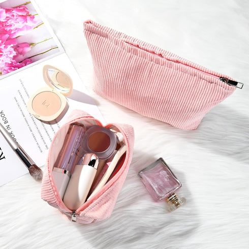 Large Corduroy Pink Makeup Bag, 2 Pieces Canvas Travel Toiletry Organizer, Cute Aesthetic Storage Bag for Women