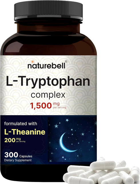 NatureBell L Tryptophan 1300mg, L Theanine 200mg, 300 Capsules | Plant Based Supplement for Calm