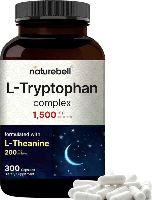 NatureBell L Tryptophan 1300mg, L Theanine 200mg, 300 Capsules | Plant Based Supplement for Calm