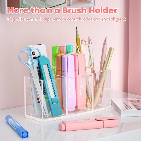 Clear Makeup Brush Organizer, Acrylic Cosmetic Brushes Storage with 3 Slots, Perfect Pen Holder for Desk