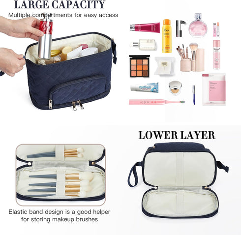 Telena Large Capacity Makeup Bag - Double Layer Portable Travel Cosmetic Bags for Women - Navy Blue
