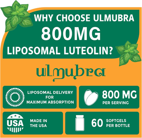 800 MG Liposomal Luteolin Supplement - Maximum Absorption, Premium Antioxidant Supplement for Brain & Overall Well-being, 60 Softgels - 30-Day Supply