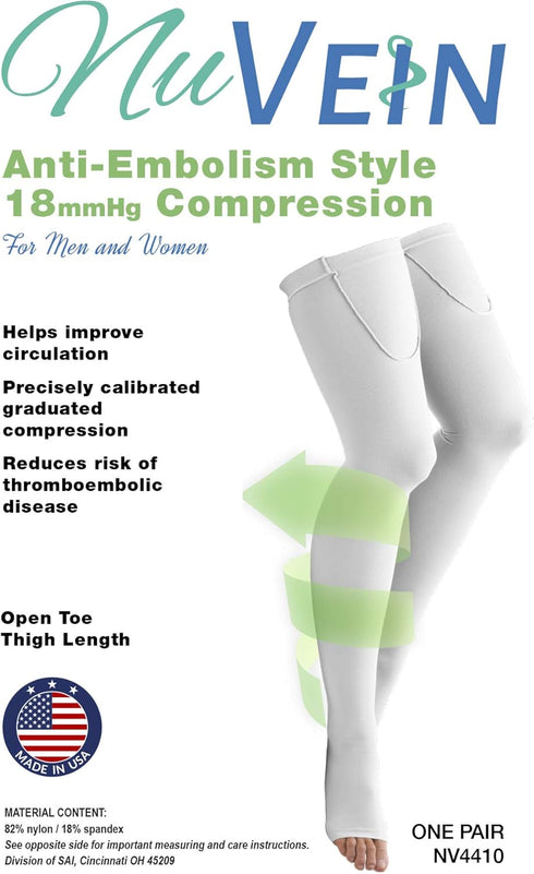 NuVein Surgical Stockings, X-Large, 18 mmHg Support for Embolic Recovery, Thigh High, Open Toe, White