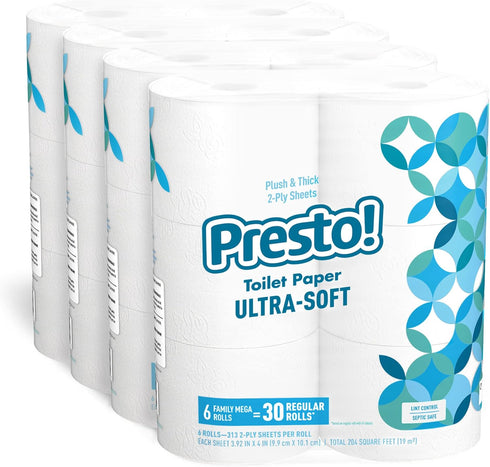 Amazon Brand - Presto! 2-Ply Ultra-Soft Toilet Paper, 24 Family Mega Rolls = 120 Regular Rolls, Unscented
