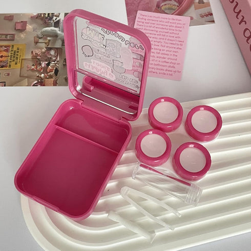 2 Pack 2 in 1 Contact Lens Cases, Travel Eye Contacts Case Box Holder with Tweezers and Solution Bottle Kit (Fuchsia)