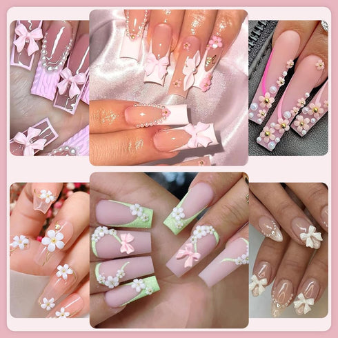 Nail Charms, Flower Bow Manicure Kit, Pink White 3D Cute Flower and Bow Nail Art Decoration