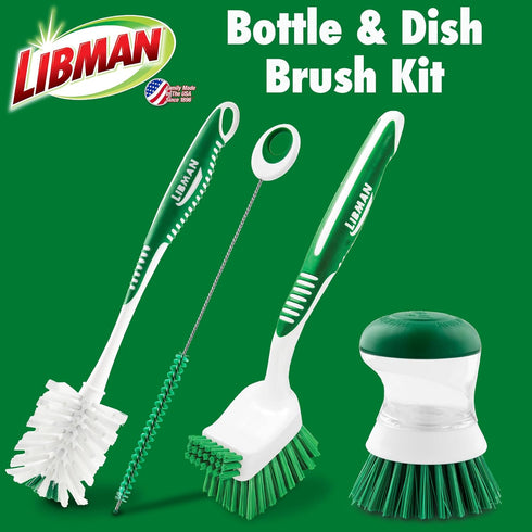 Libman Bottle & Dish Brush Kit, 3 Different Brushes & Straw Cleaner for Kitchen Use