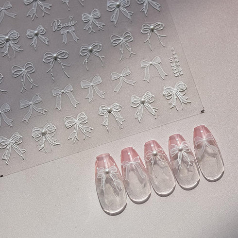 5D Embossed White Lace Bowknot Nail Art Stickers, Pearl Bow Nail Decals for Retro Nail Art Supplies