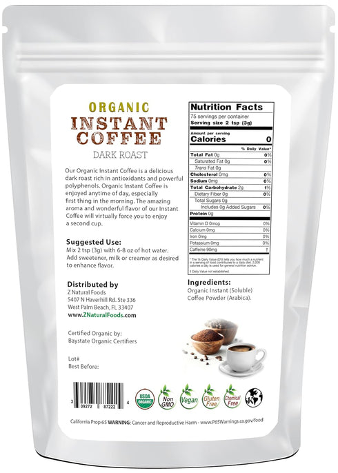 Organic Instant Coffee Powder, Dark Roast Delight, Rich In Immune-Supporting Antioxidants, Boosts Mood, Energy, and Memory, Enjoy Hot Or Iced, Gluten Free, Vegan, Non-GMO, 8 oz