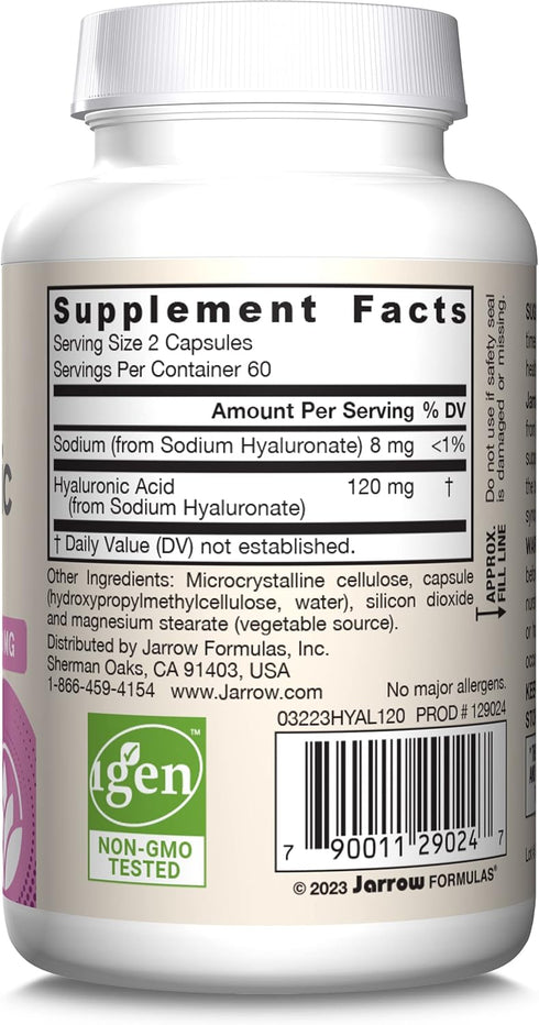 Jarrow Formulas Hyaluronic Acid - 120 mg, 120 Veggie Capsules - Dietary Supplement for Skin Health Support, Up to 60