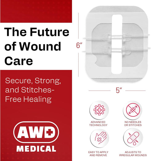 AWD Zip Stitch Wound Closure Strips - 2 Devices, 2 Sterile Gauzes, 2 Alcohol Wipes for Emergency Laceration