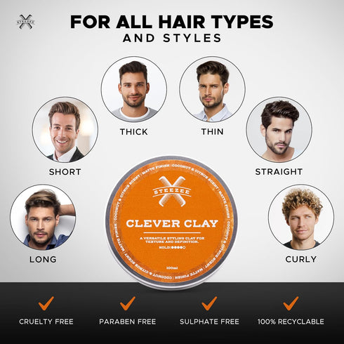 Clever Clay - Natural Finish Styling Hair Clay for Men, All Hair Types, Reworkable All Day Hold, 3.4 oz