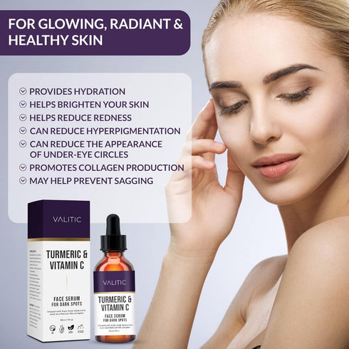 VALITIC Vitamin C Face Serum for Anti Aging - Hyaluronic Acid, Collagen, Kojic Acid, Turmeric Oil Dark Spot Remover Brightening Serum Eyes and Facial Serum Skin Care 1 fl oz