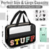 Chenille Letter Clear Makeup Bags Stuff Tote, Preppy Patch Makeup Bag Zipper with Handle, Waterproof PVC & Nylon Portable Glitter Large Cosmetic Travel Toiletry Storage for Women Girls(STUFF-Black)