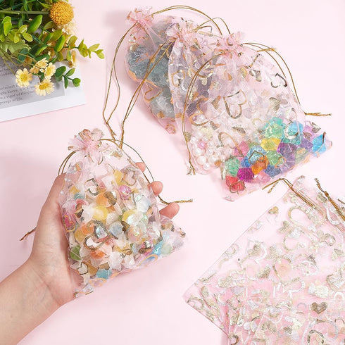 PH PandaHall 5x7 Inches Heart Organza Bags, 100pcs Pink Gift Bags for Jewelry and Wedding Favors