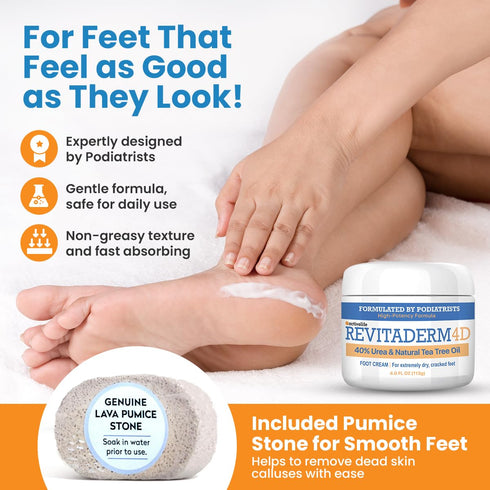 Revitaderm 4D Urea Cream 40 Percent for Feet, Maximum Strength, 4oz, Callus Remover, Free Pumice Stone