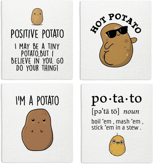 LARTSFRO Cute Positive Potato Swedish Dishcloths for Kitchen, 4 Pack Potato Gifts Swedish
