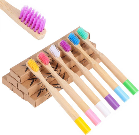 Hadnves 6 PCS Kids Bamboo Toothbrushes Soft Bristles Natural Wooden Round Handle Tooth