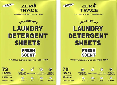 Zero Trace All Natural Laundry Detergent Sheets - Eco-Friendly Travel Detergent Sheets with Fresh Scent (144 Loads, 72