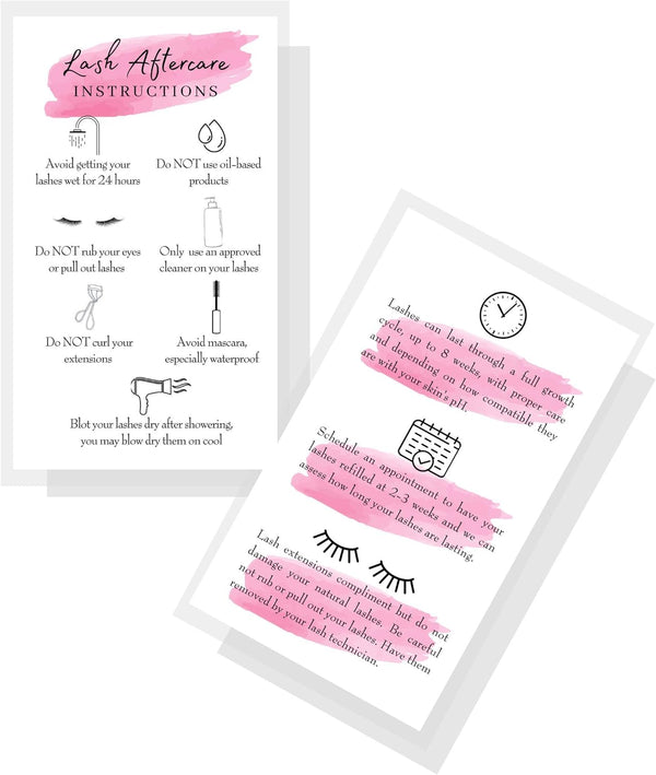 Lash Extension Aftercare Instructions Cards, 50 Pack Double Sided 3.5 x 2" After Care for 2-3 Week Fillers