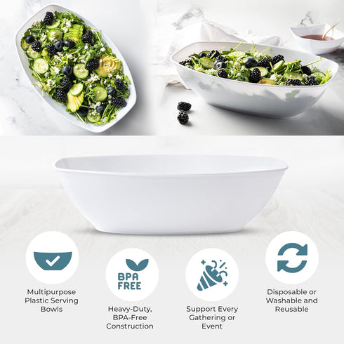 Posh Setting Disposable Oval Serving Bowls, White Plastic, 4 Pack, 72 Ounce Large for Party Snack or Salad