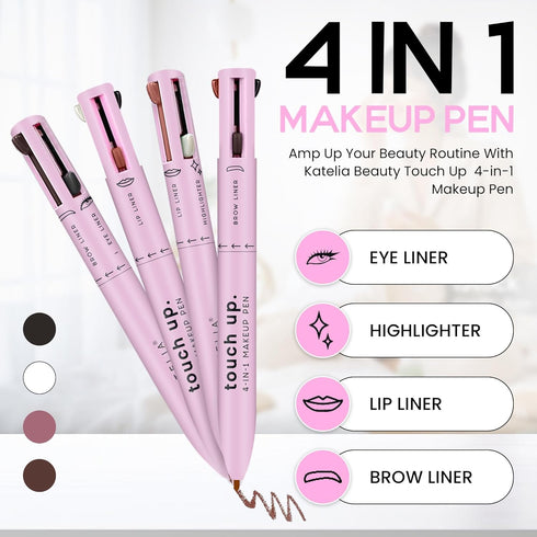 4 in 1 Makeup Pen, Refillable Portable Makeup Set with Colored Eyeliner, Brow & Lip Liner, Highlighter