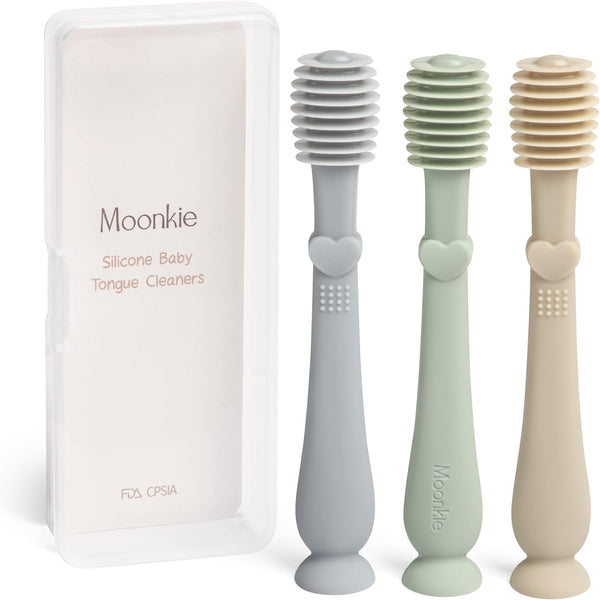 Moonkie Baby Tongue Cleaner, Toddler Toothbrush, Newborn Oral Cleaner Kit for 3 Months+, 3 Pcs (Blue/Mint/Sand)