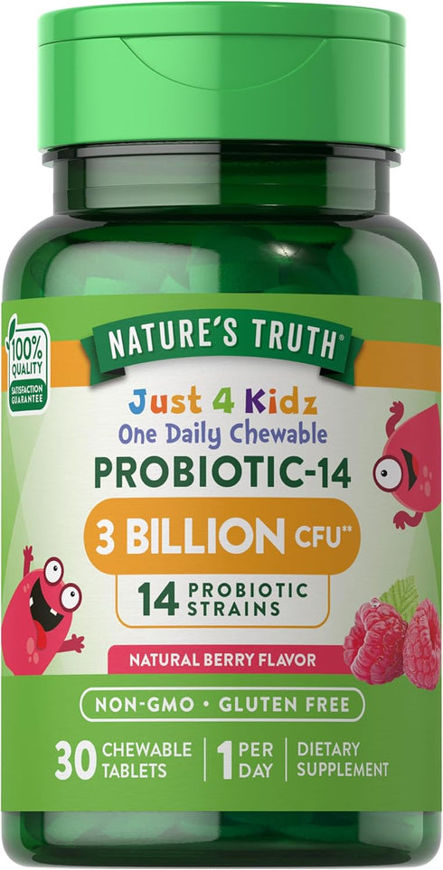 Probiotics for Kids - 30 Chewable Tablets with 3 Billion CFUs, Berry Flavor, Non-GMO & Gluten Free Supplement by
