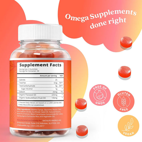 Organic Omega 3 Gummies with Omegas 6, 7, 9, DHA & EPA from Flaxseed Oil, Sugar-Free, Supports Brain & Heart (60 CT)