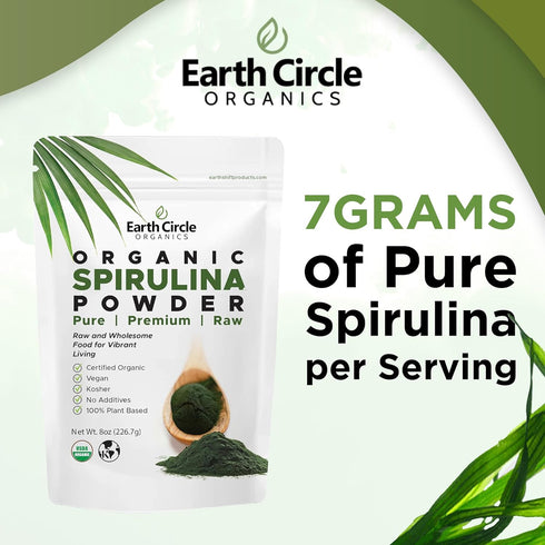 Earth Circle Organics Spirulina Powder, Raw, Kosher, Non-Irradiated | Premium Vegan Protein Superfood - (8oz - 2Pack)