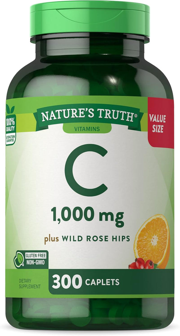 Nature's Truth Vitamin C 1000mg with Rose Hips, 300 Caplets, Vegetarian, Non-GMO & Gluten Free Supplement