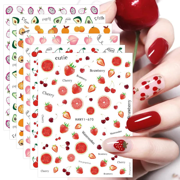 JMEOWIO 12 Sheets Fruit Nail Art Stickers Decals Self-Adhesive Strawberry Watermelon Lemon Nail Supplies