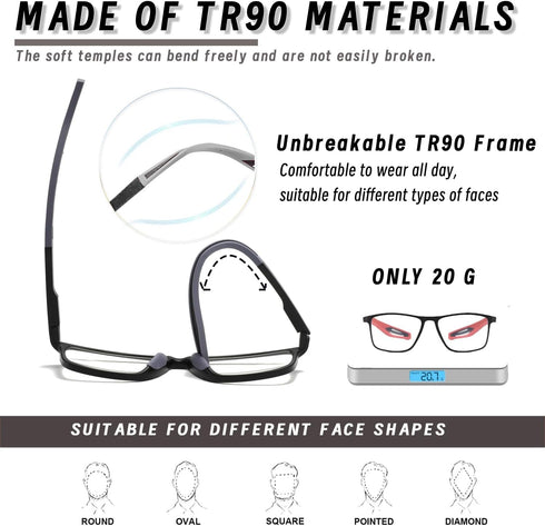 Hubeye TR90 Sports Reading Glasses - 3 Pairs for Men and Women, Ultralight Flexible Anti-Blue Light Readers +3.0