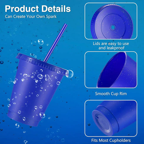 Rtteri 15 Pcs Reusable Kids Cups with Straws and Lids, 16 oz Glitter Tumblers for Parties, Navy Blue
