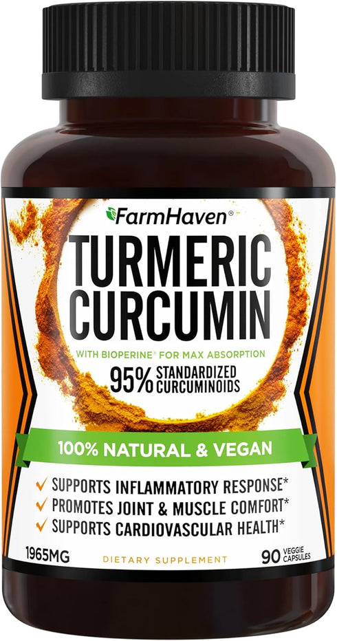Turmeric Curcumin with BioPerine - 90 Veg Caps - 1965mg, Maximum Absorption for Joint Support, Non-GMO, Made in USA