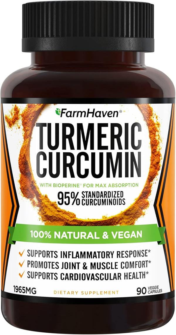 Turmeric Curcumin with BioPerine - 90 Veg Caps - 1965mg, Maximum Absorption for Joint Support, Non-GMO, Made in USA
