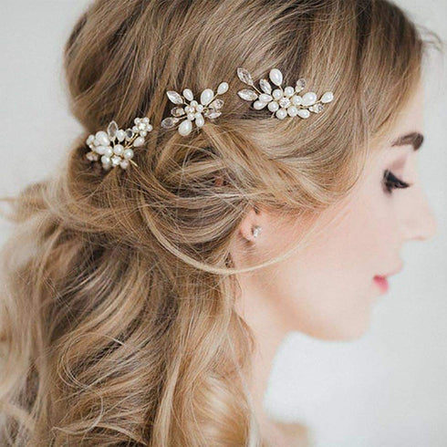 Unicra Silver Bride Wedding Hair Pins Pearl Bridal Hair Pieces Flower Hair Accessories Rhinestone Prom Hair Clips for Women and Girls (Pack of 3)