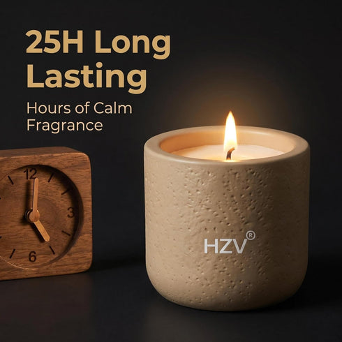 HZV 25 Mens Meditation Candle - Temple Serenity Woody Scent, Cement Vessel, Natural Soy Wax Candle for Stress Relief