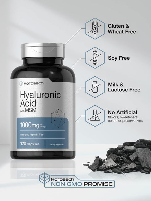 Horbaach Hyaluronic Acid with MSM 1000 mg | 120 Capsules | Non-GMO, Gluten Free, Bioavailable Formula